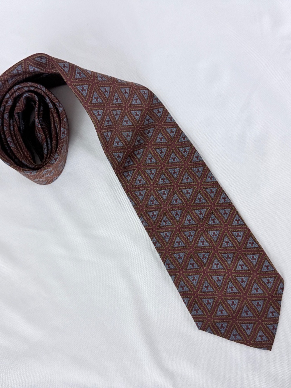1980s Ralph Lauren Polo Silk Necktie USA Gray Blue Maroon Triangles Handmade USA